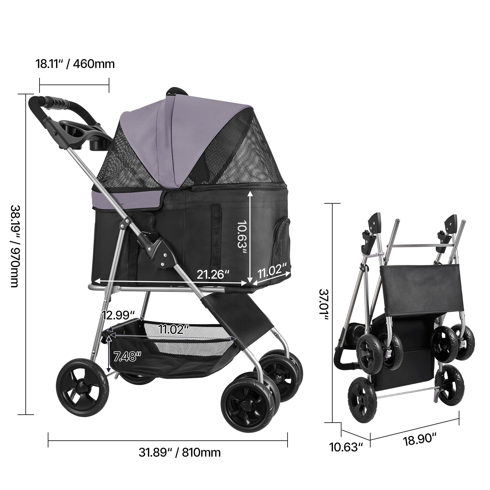 Pet Stroller Foldable 4 Wheels Dog Stroller Detachable Carrier Up To 35lbs_voghion.com